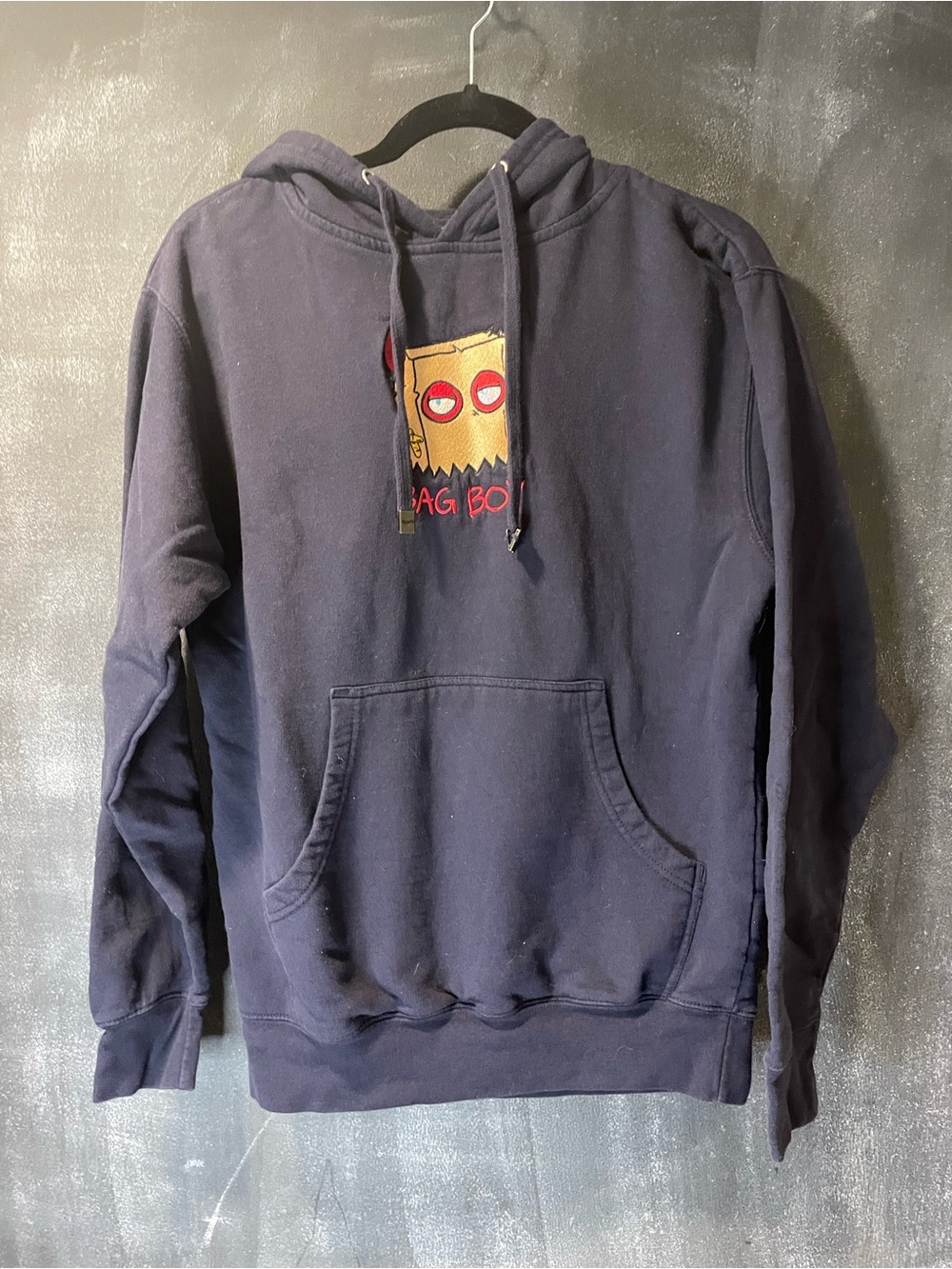 Thryfty Bag Boi Embroidered Hoodie Navy Blue Graphic Pullover Small Streetwear